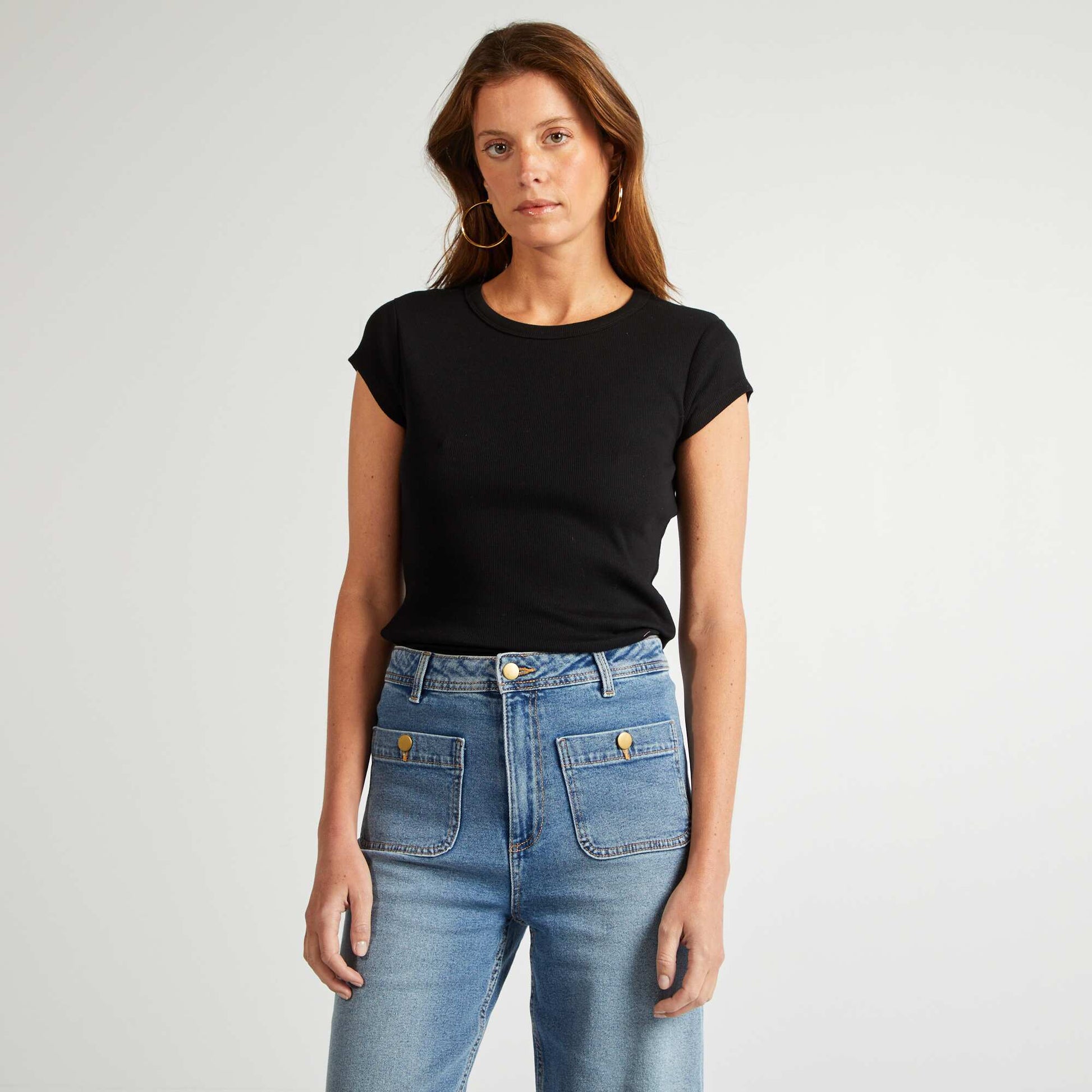 T-shirt à manches courtes maille côtelée NOIR