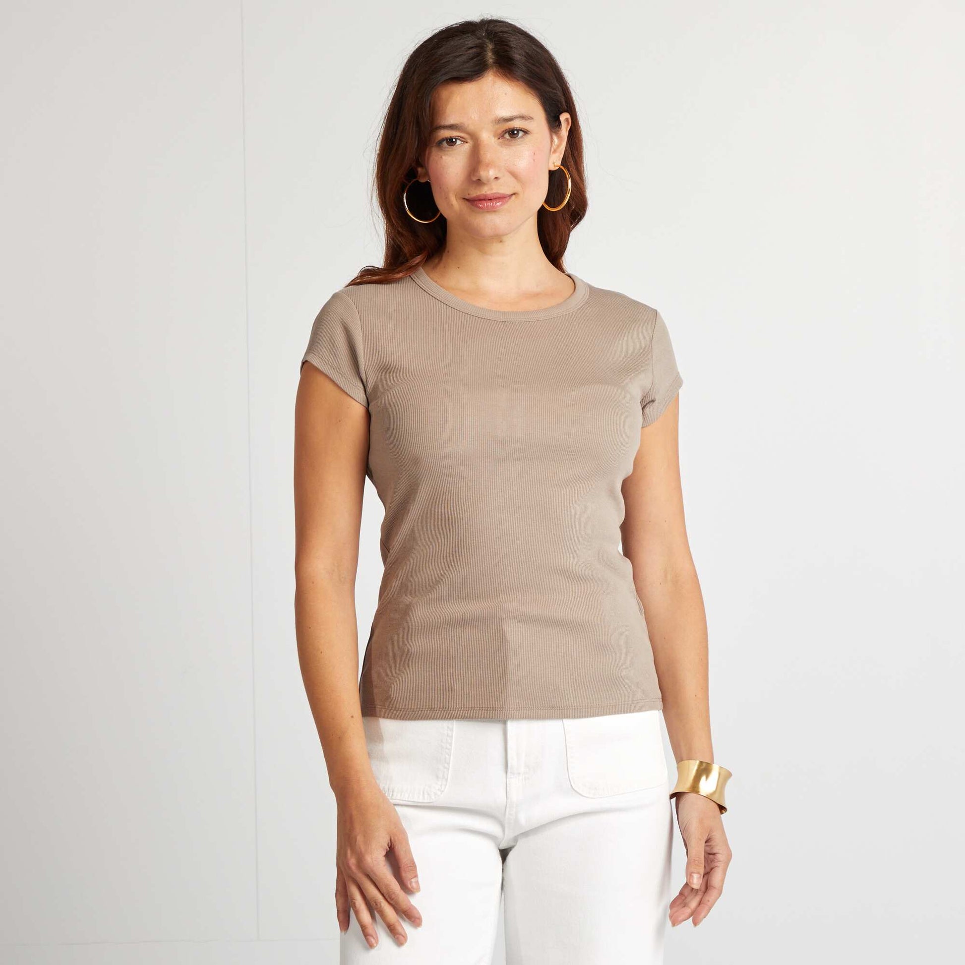 T-shirt à manches courtes maille côtelée BEIGE