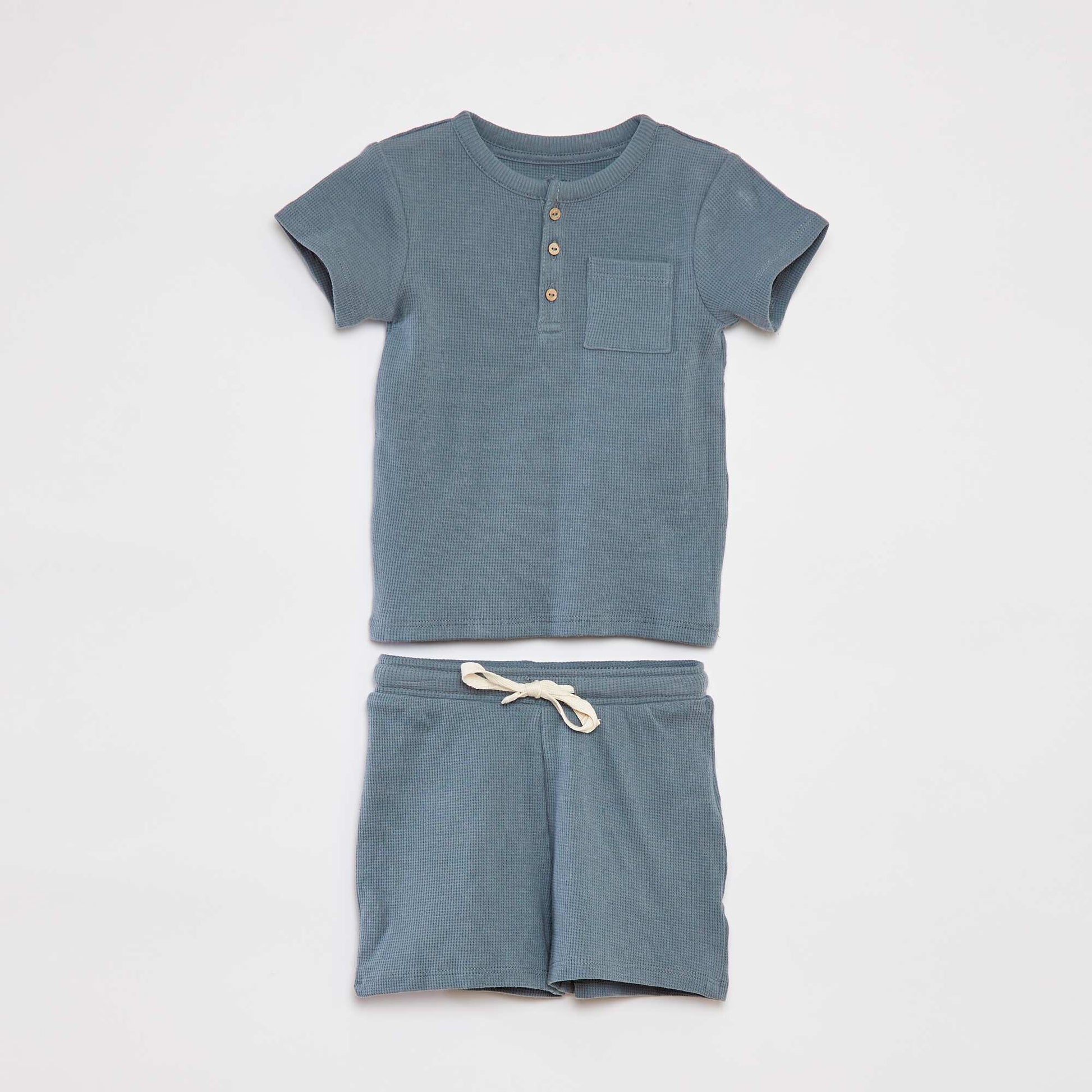 Ensemble pyjama court t-shirt + short en maille gaufrée - 2 pièces BLEU