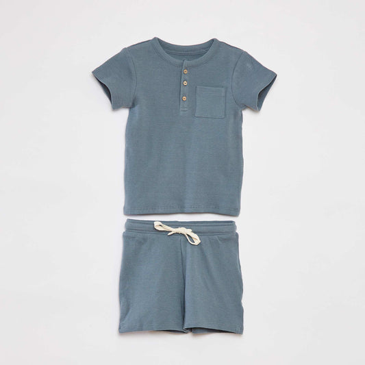 Ensemble pyjama court t-shirt + short en maille gaufrée - 2 pièces BLEU