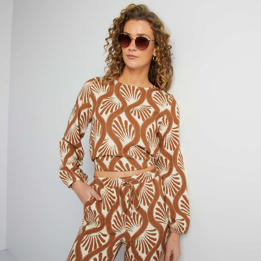 Blouse à manches longues et col rond avec imprimé MARRON