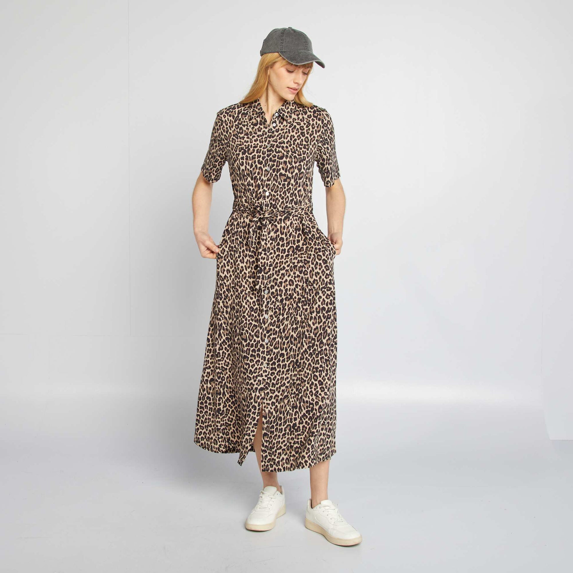 Robe chemise longue à motif BEIGE