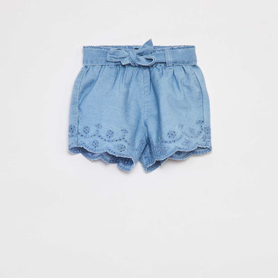 Short en denim brodé avec lien à nouer BLEU
