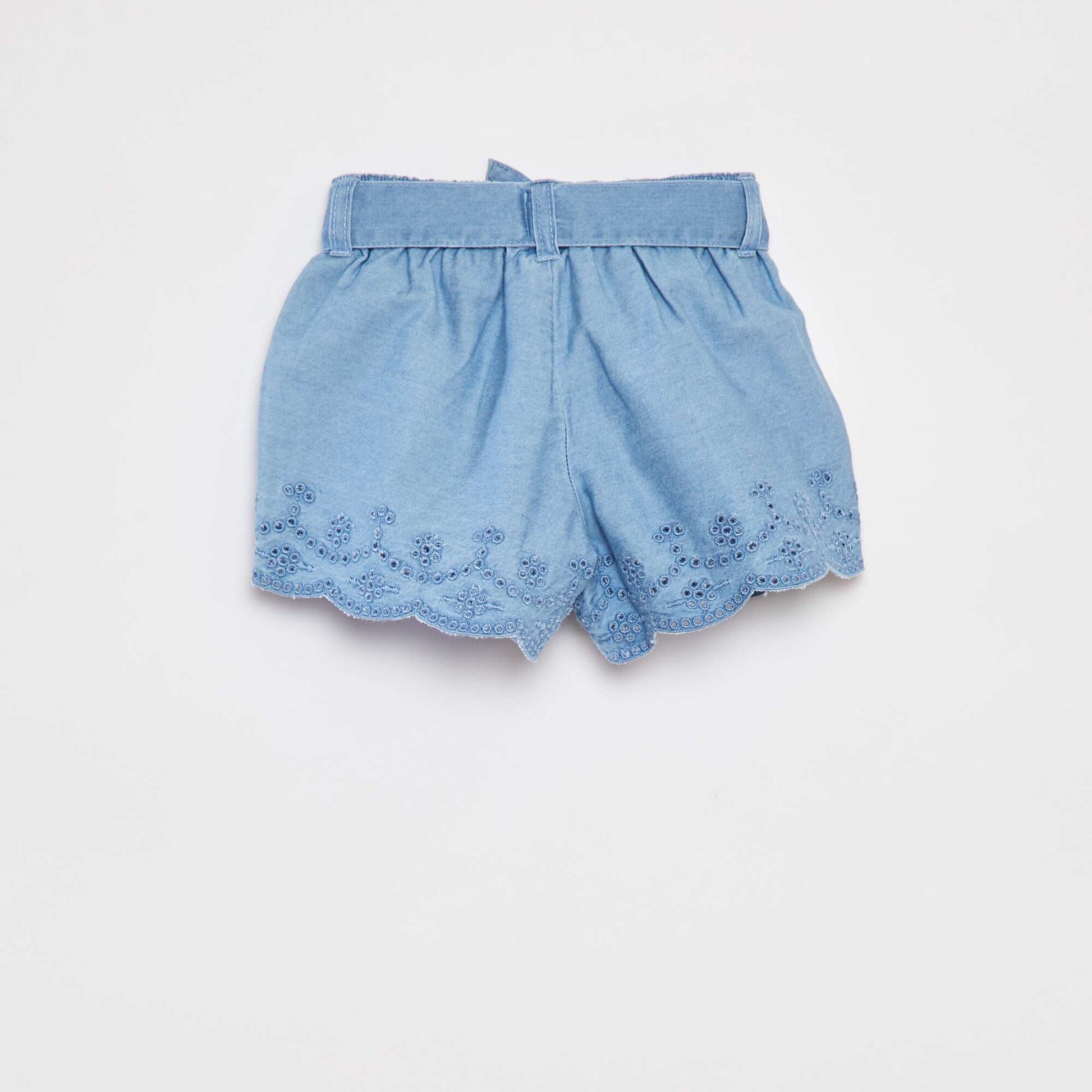 Short en denim brodé avec lien à nouer BLEU