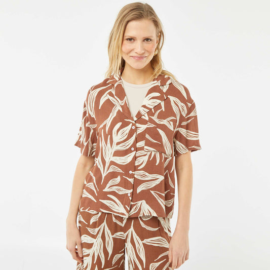 Chemisier maille crêpée manches courtes à motif MARRON