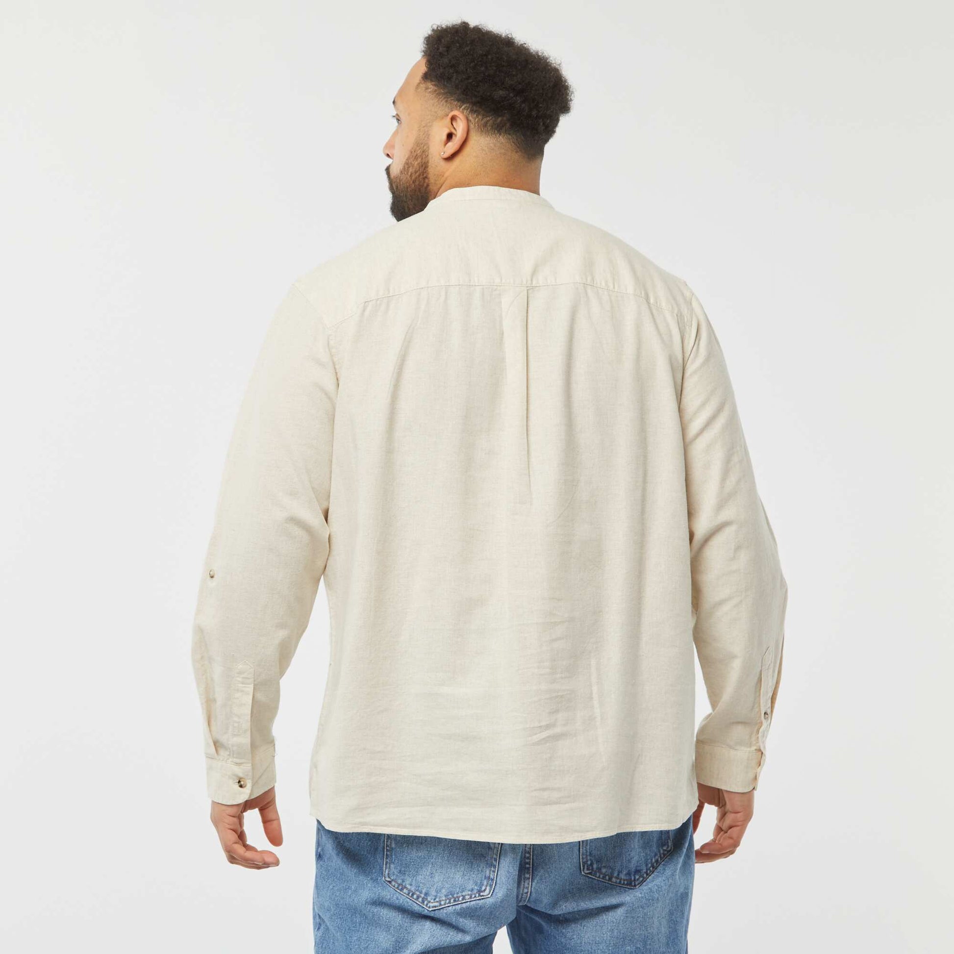 Chemise en lin mélangé avec manches longues retroussables BEIGE