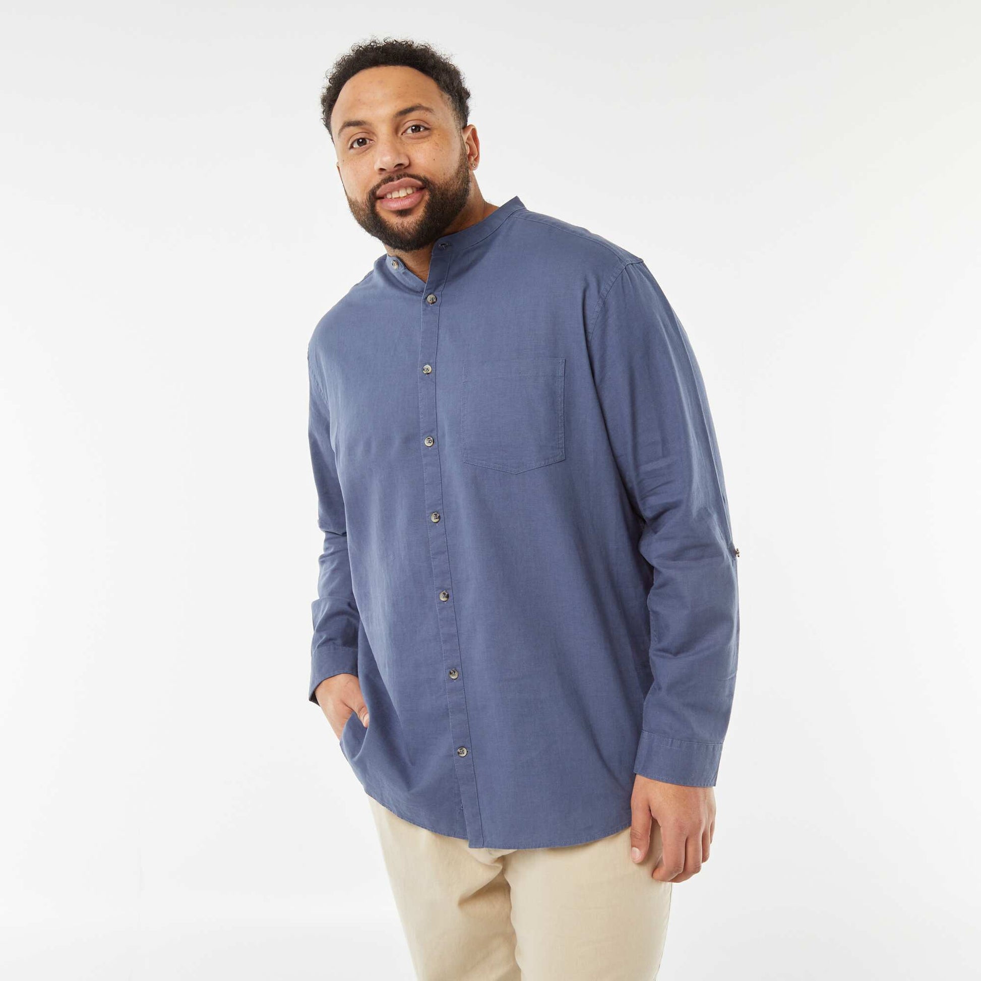 Chemise en lin mélangé avec manches longues retroussables BLEU