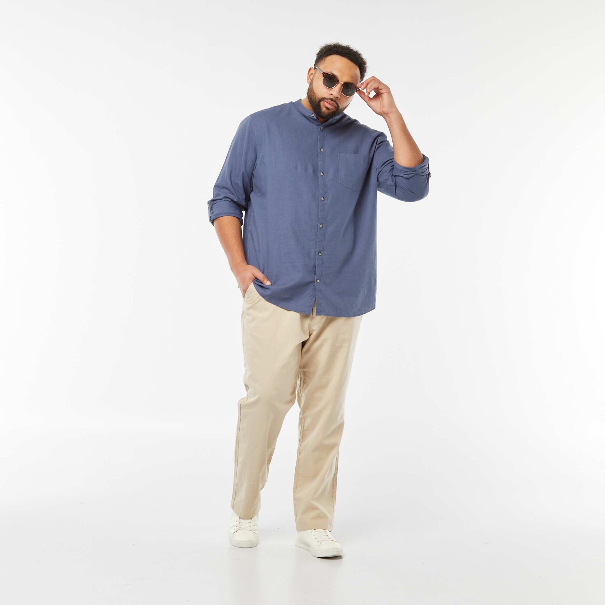 Chemise en lin mélangé avec manches longues retroussables BLEU