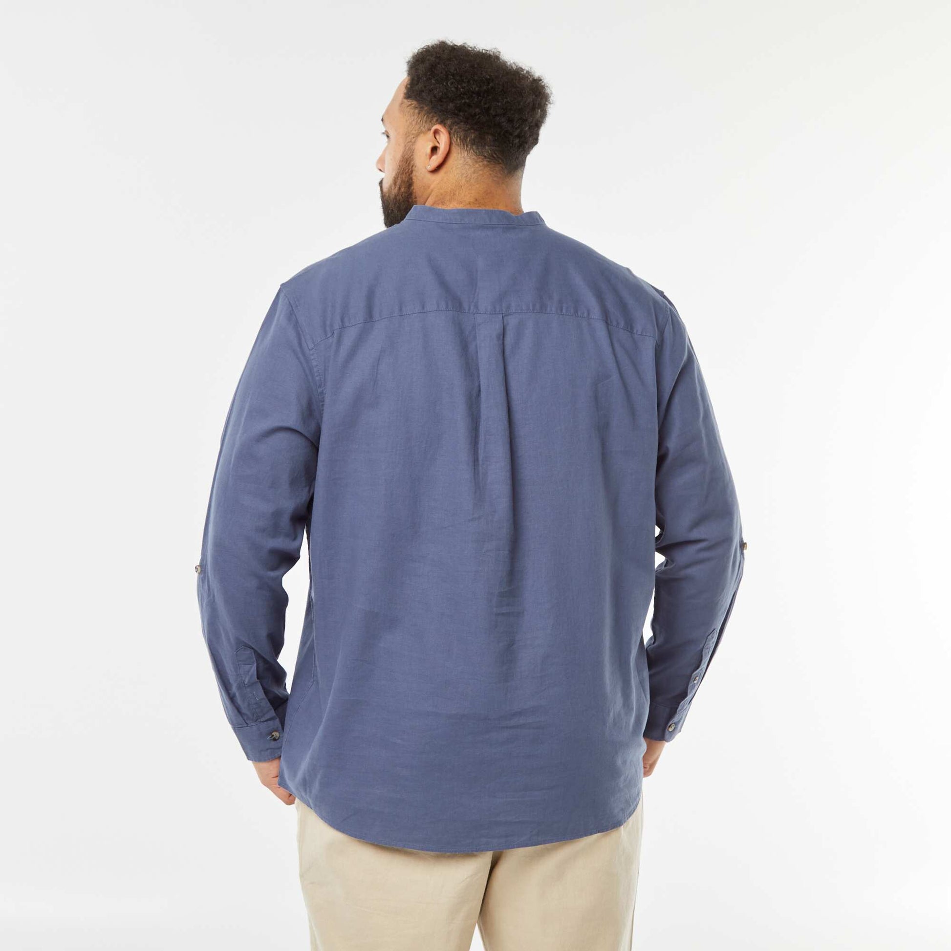 Chemise en lin mélangé avec manches longues retroussables BLEU