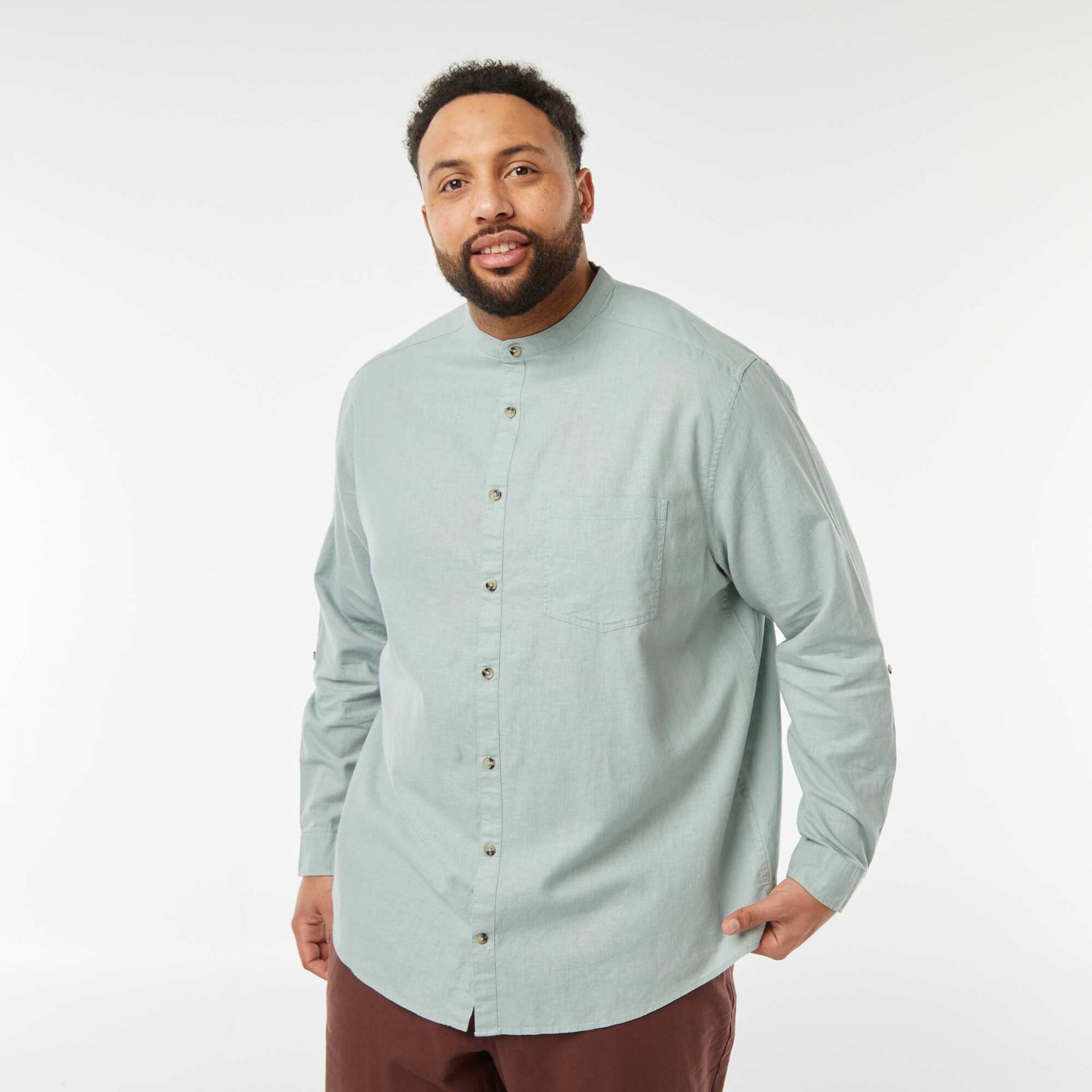 Chemise en lin mélangé avec manches longues retroussables BLEU VERT