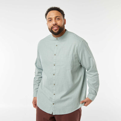 Chemise en lin mélangé avec manches longues retroussables BLEU VERT