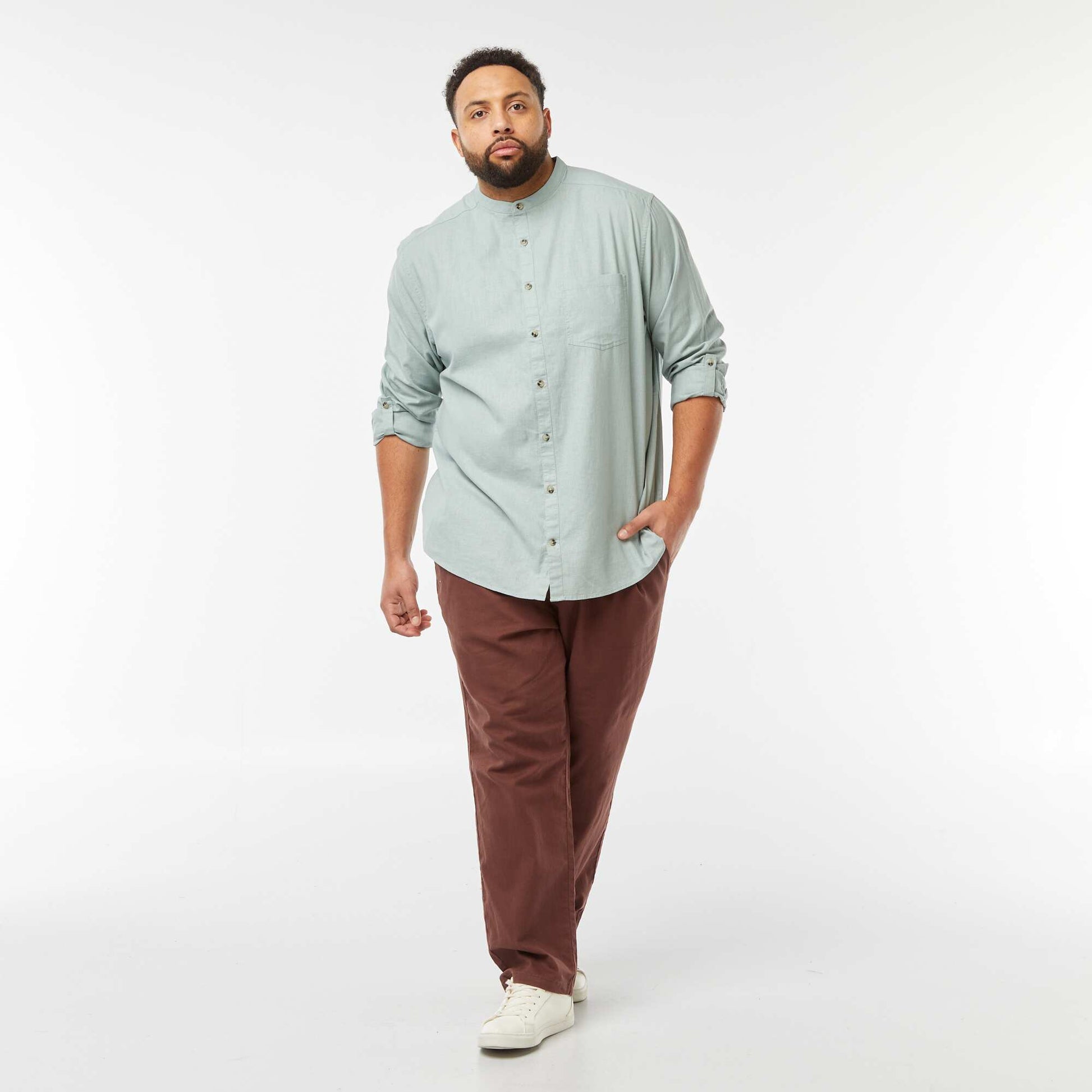 Chemise en lin mélangé avec manches longues retroussables BLEU VERT