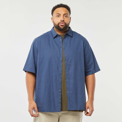 Chemise en lin mélangé à manches courtes BLEU