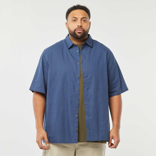Chemise en lin mélangé à manches courtes BLEU