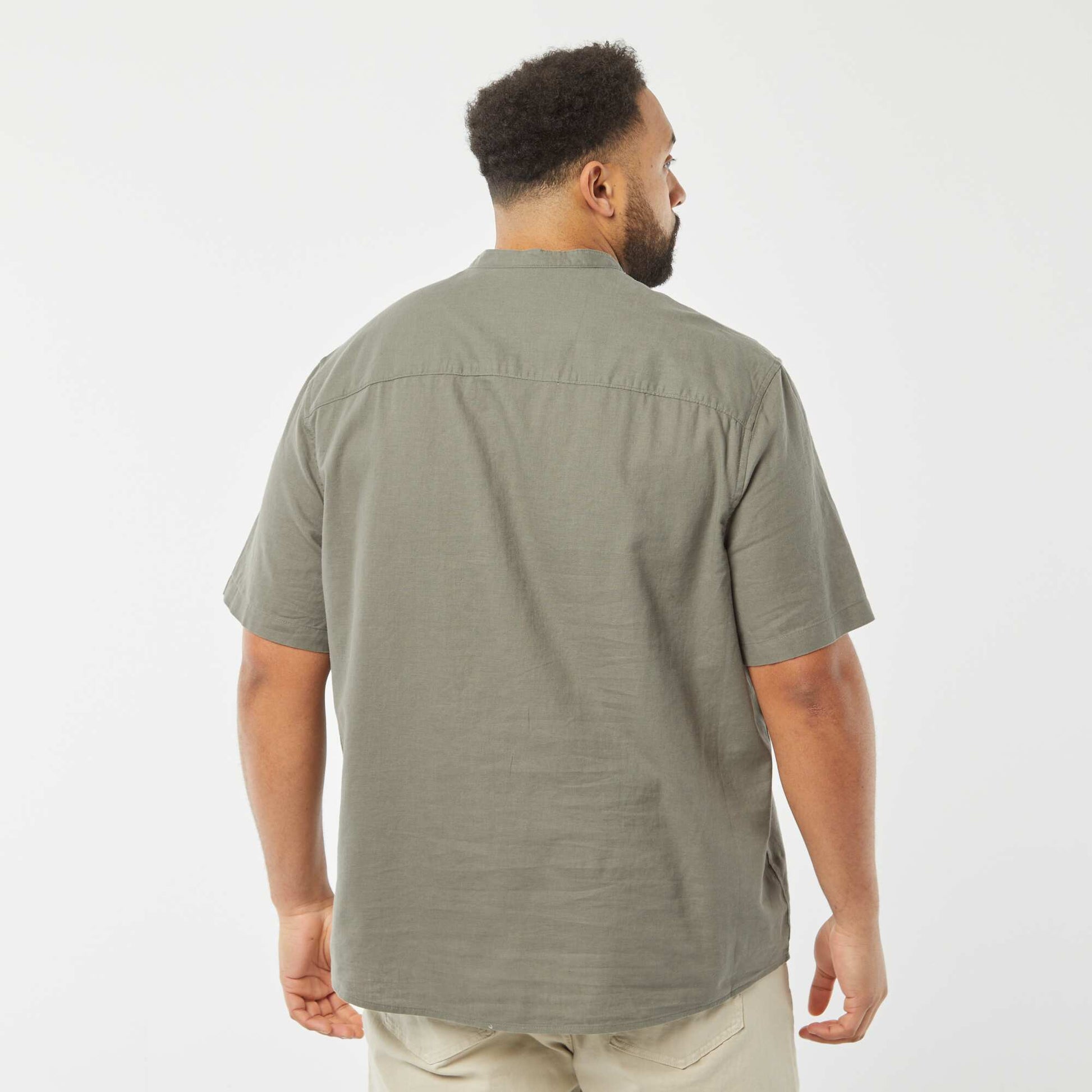 Chemise unie à manches courtes en lin mélangé VERT
