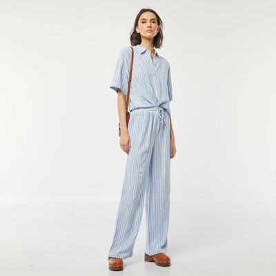 Pantalon large en lin mélangé BLEU RAYé