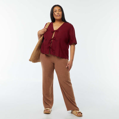 Pantalon droit avec taille élastiquée + liens MARRON
