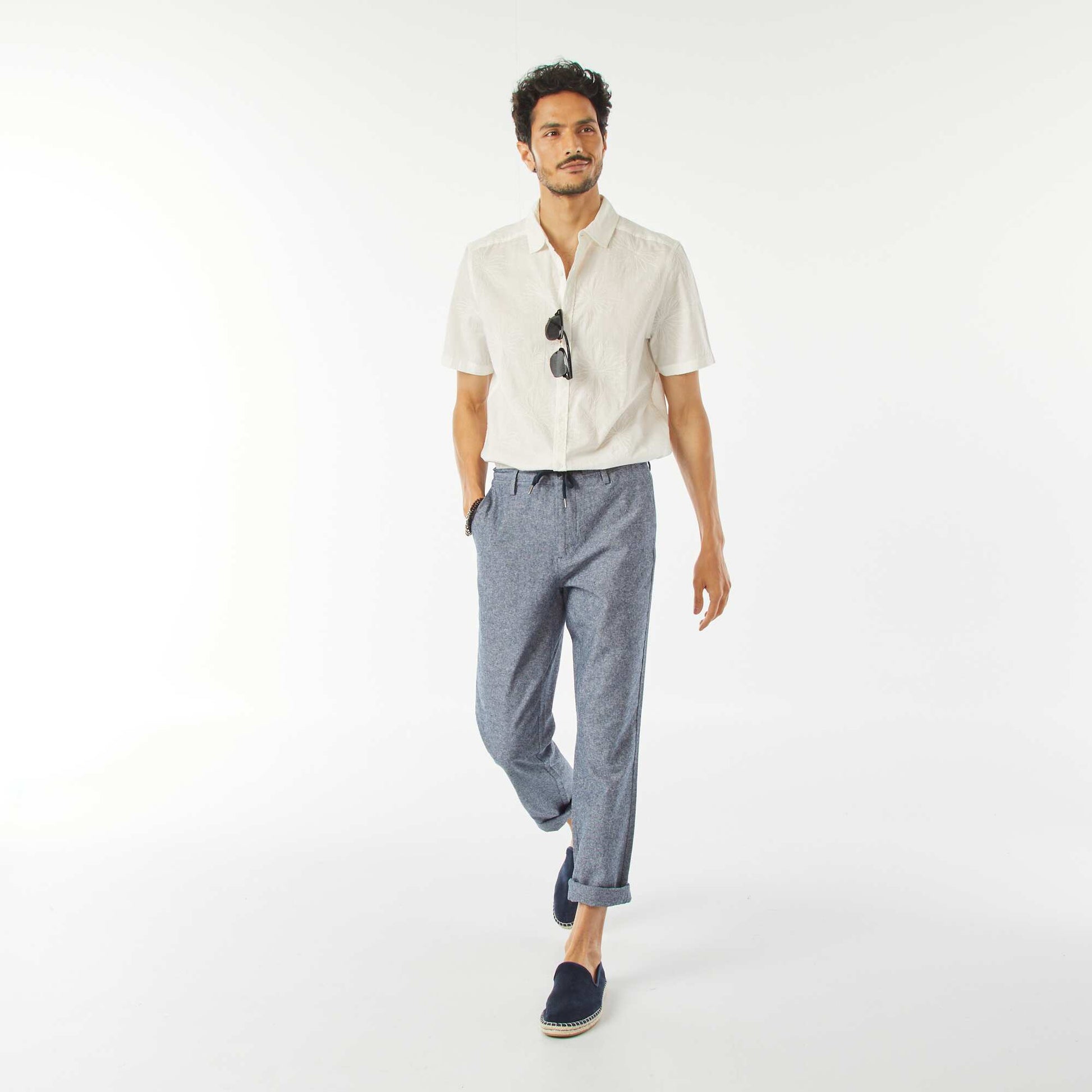 Pantalon chino droit en lin mélangé BLEU GRIS