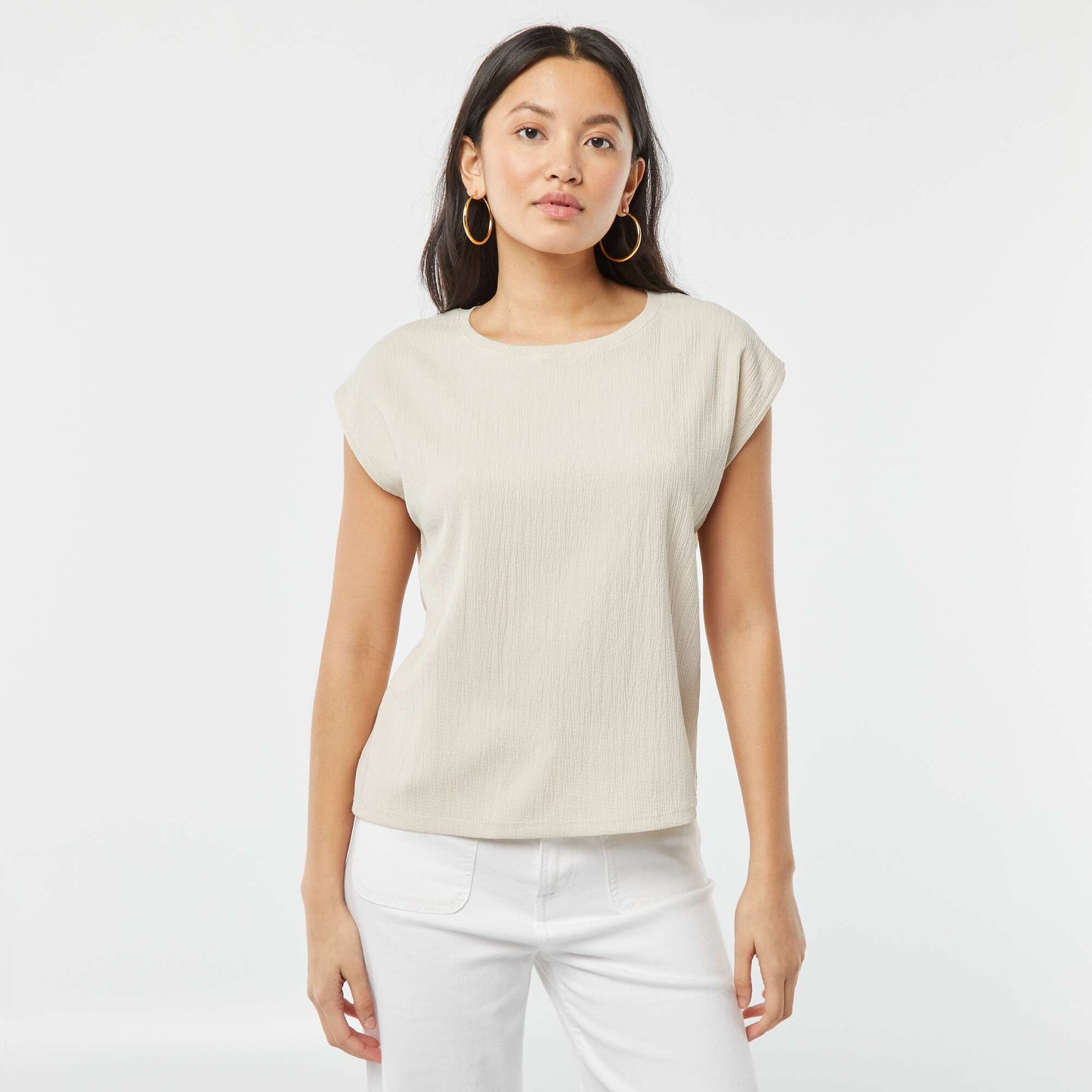 T-shirt en matière fantaisie avec manches chauve-souris GRIS