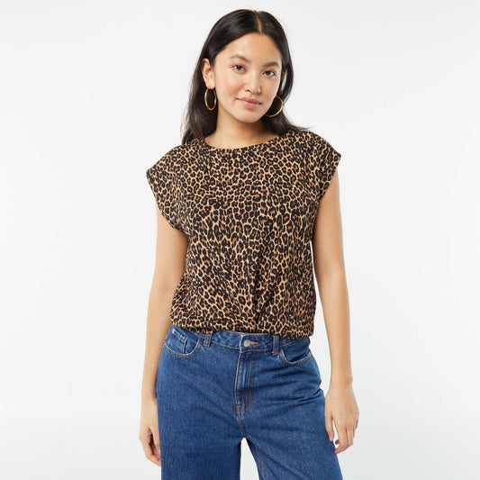 T-shirt en matière fantaisie avec manches chauve-souris BEIGE