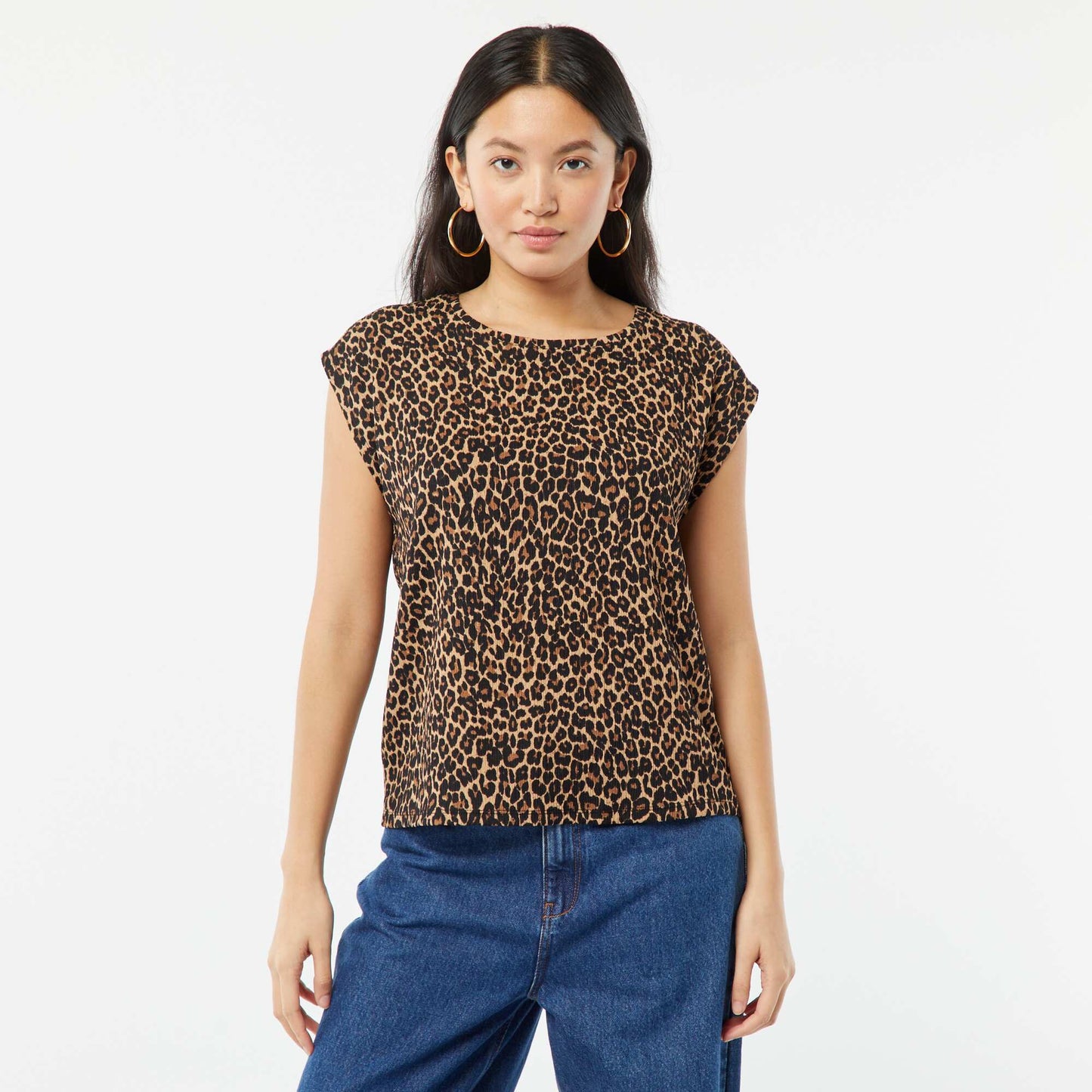 T-shirt en matière fantaisie avec manches chauve-souris BEIGE