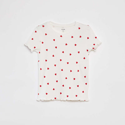 T-shirt côtelé avec bords ondulés et motifs BLANC