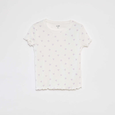 T-shirt côtelé avec bords ondulés et motifs BLANC