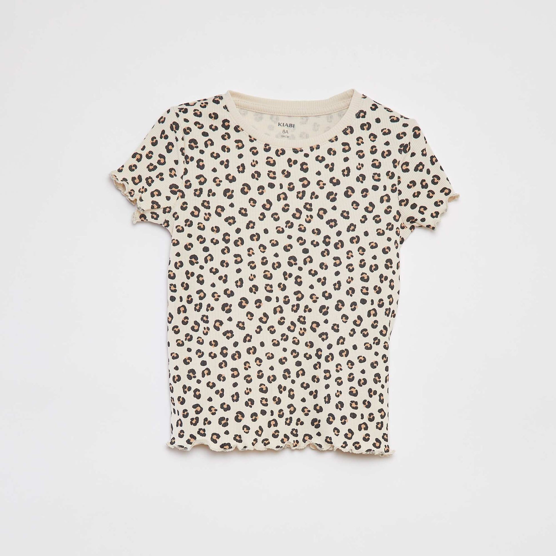 T-shirt côtelé avec bords ondulés et motifs BEIGE