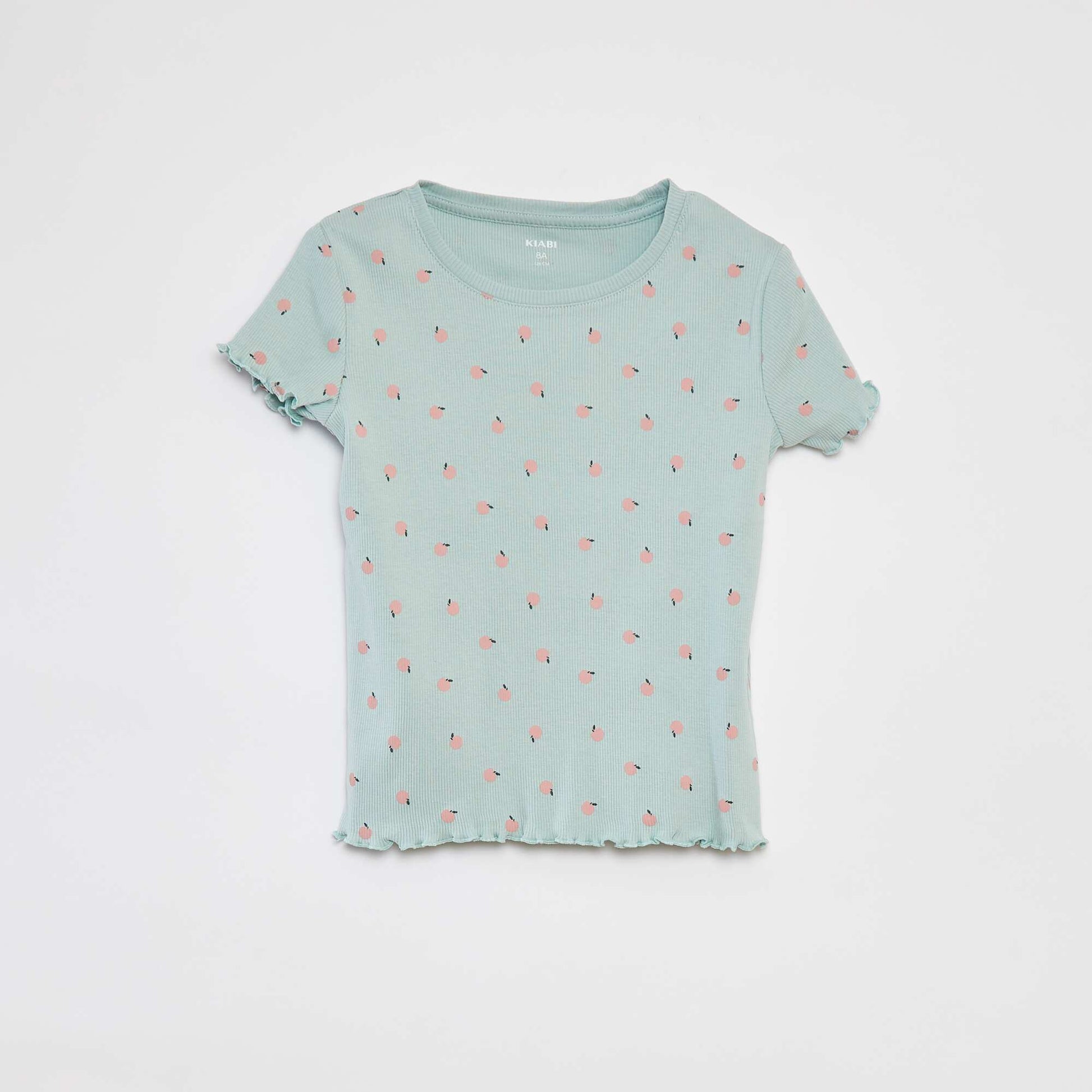 T-shirt côtelé avec bords ondulés et motifs VERT