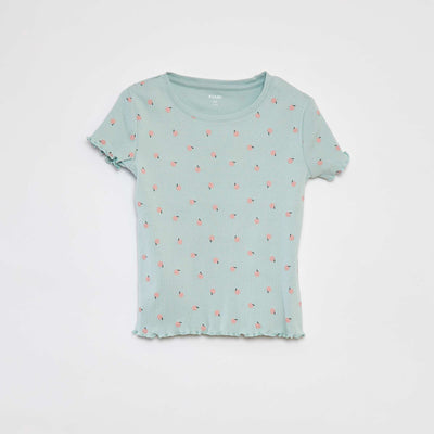 T-shirt côtelé avec bords ondulés et motifs VERT