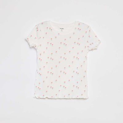 T-shirt côtelé avec bords ondulés et motifs BLANC
