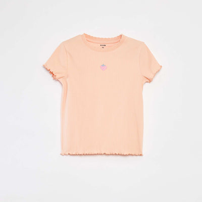 T-shirt côtelé à manches courtes et bords ondulés ORANGE