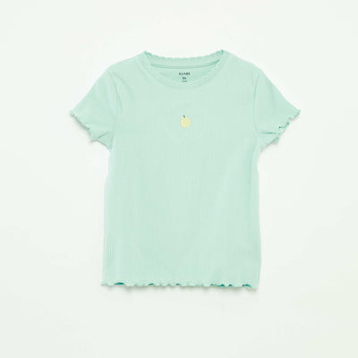 T-shirt côtelé à manches courtes et bords ondulés BLEU