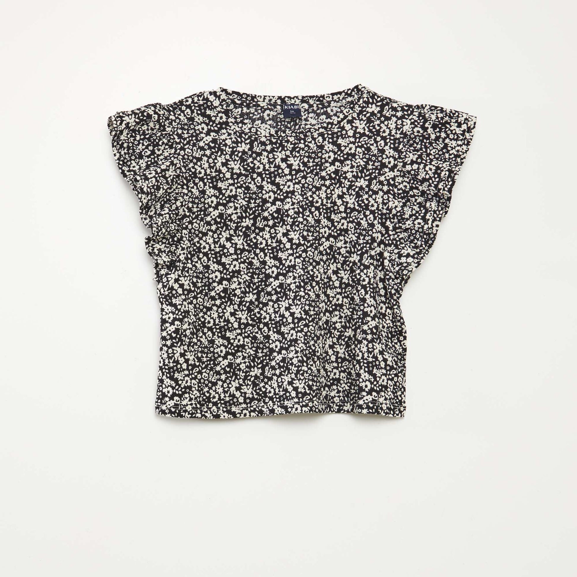 T-shirt à manches courtes volantées et à col rond avec imprimé NOIR