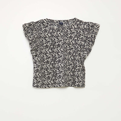 T-shirt à manches courtes volantées et à col rond avec imprimé NOIR