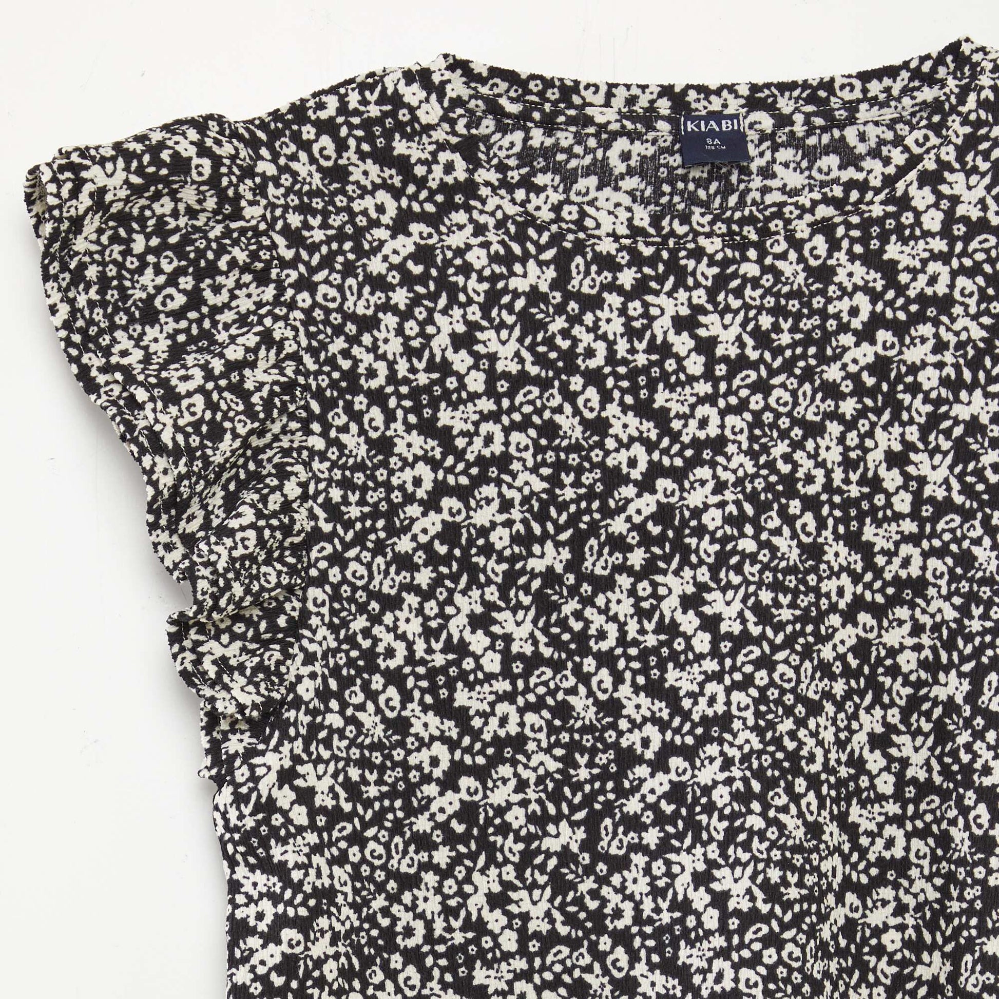 T-shirt à manches courtes volantées et à col rond avec imprimé NOIR