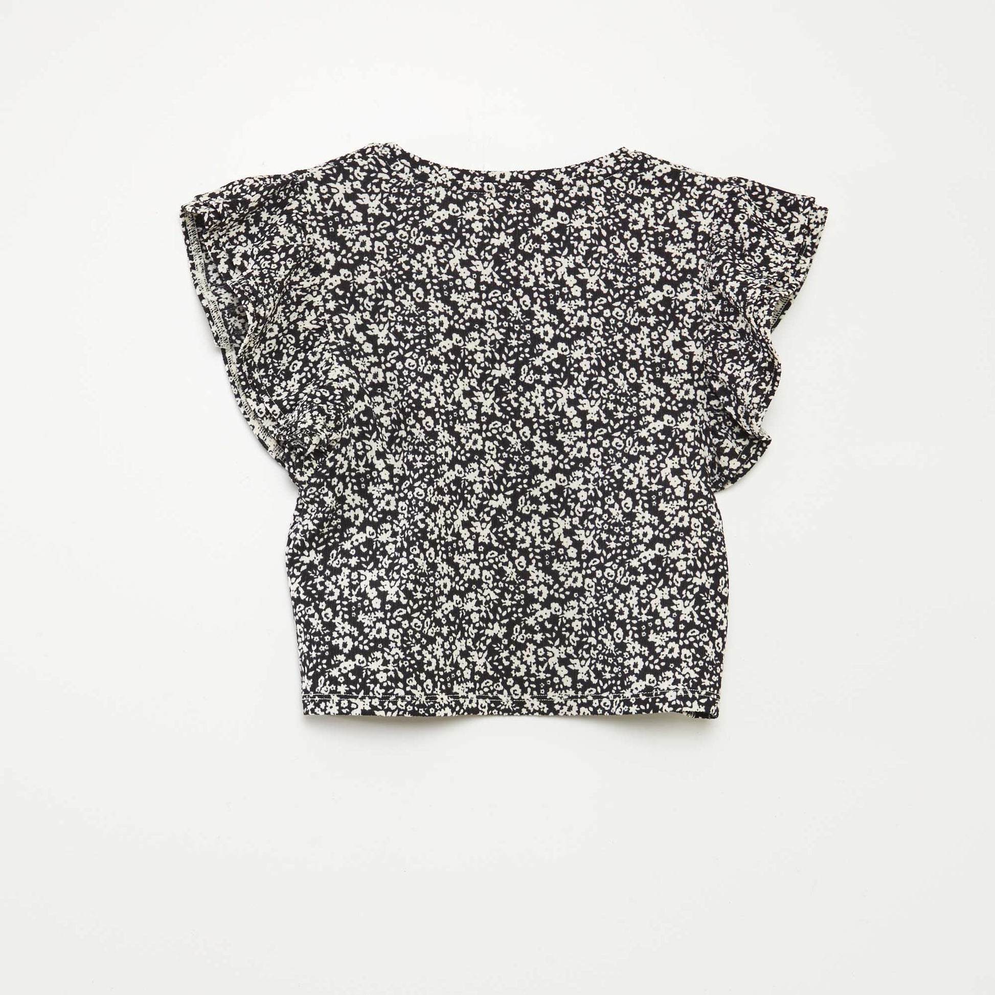 T-shirt à manches courtes volantées et à col rond avec imprimé NOIR