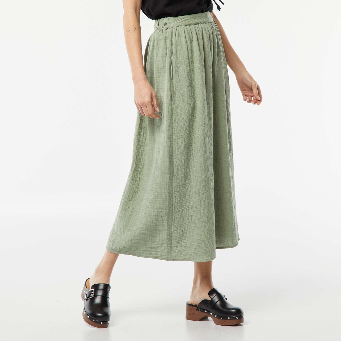 Jupe midi en gaze de coton VERT