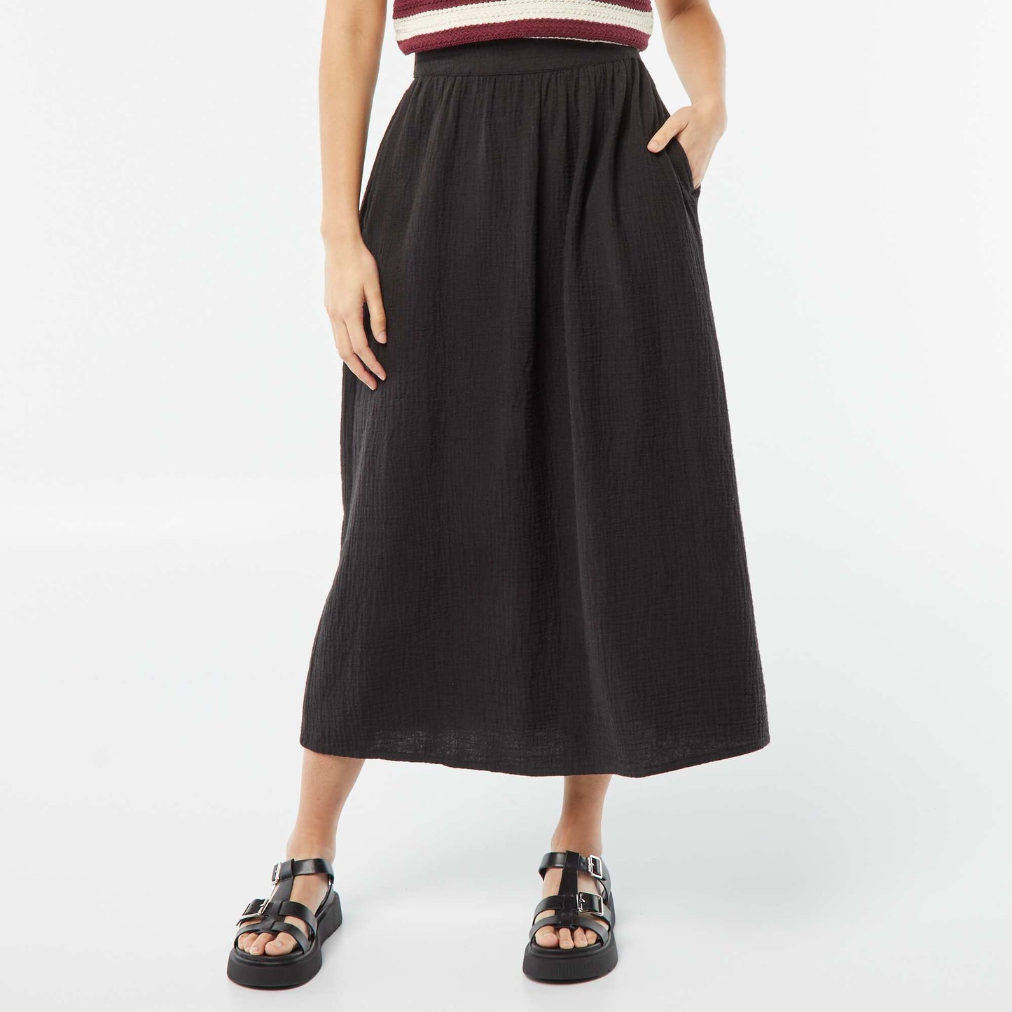 Jupe midi en gaze de coton NOIR