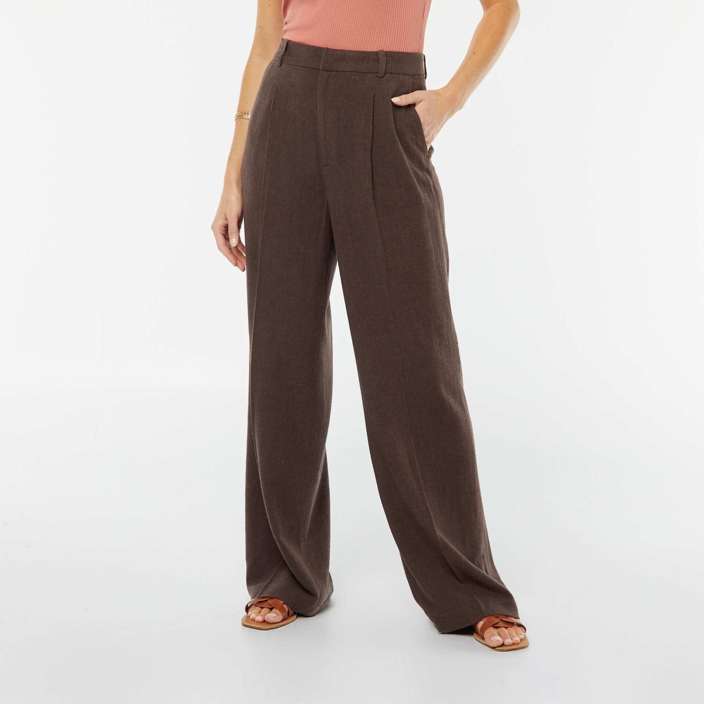 Pantalon large en lin mélangé MARRON