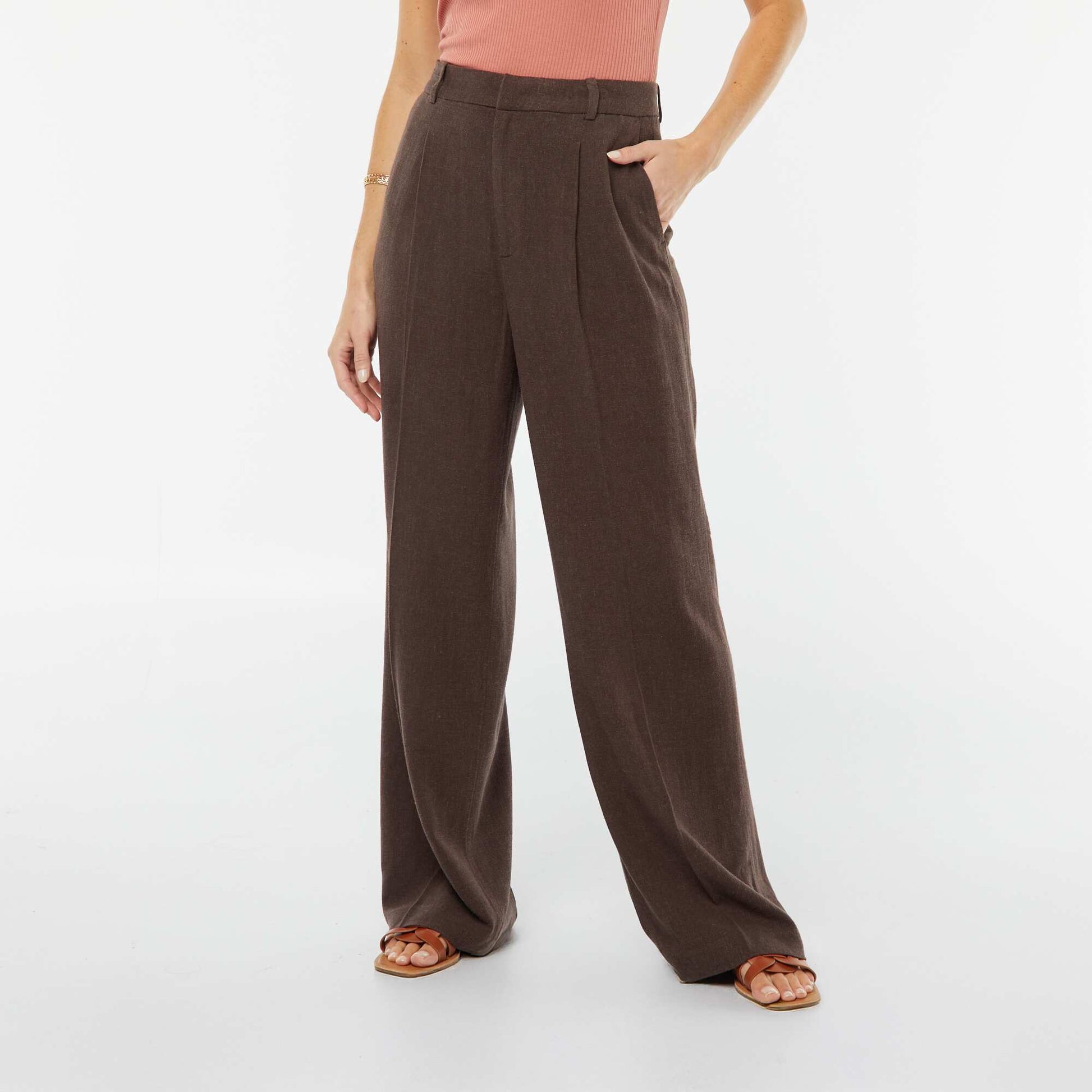 Pantalon large en lin mélangé MARRON