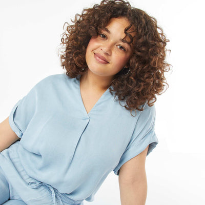 Blouse col mao avec manches courtes retroussables BLEU