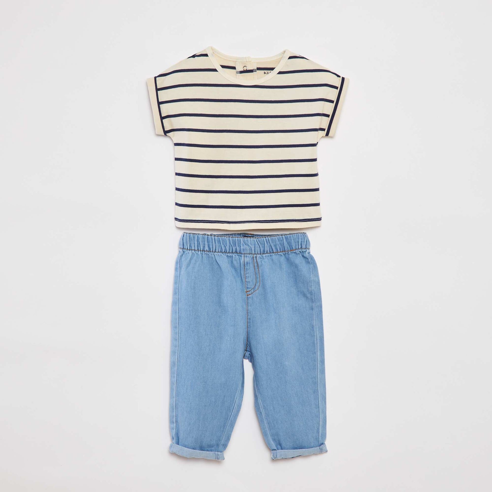Ensemble t-shirt rayé + pantalon en denim - 2 pièces BLANC