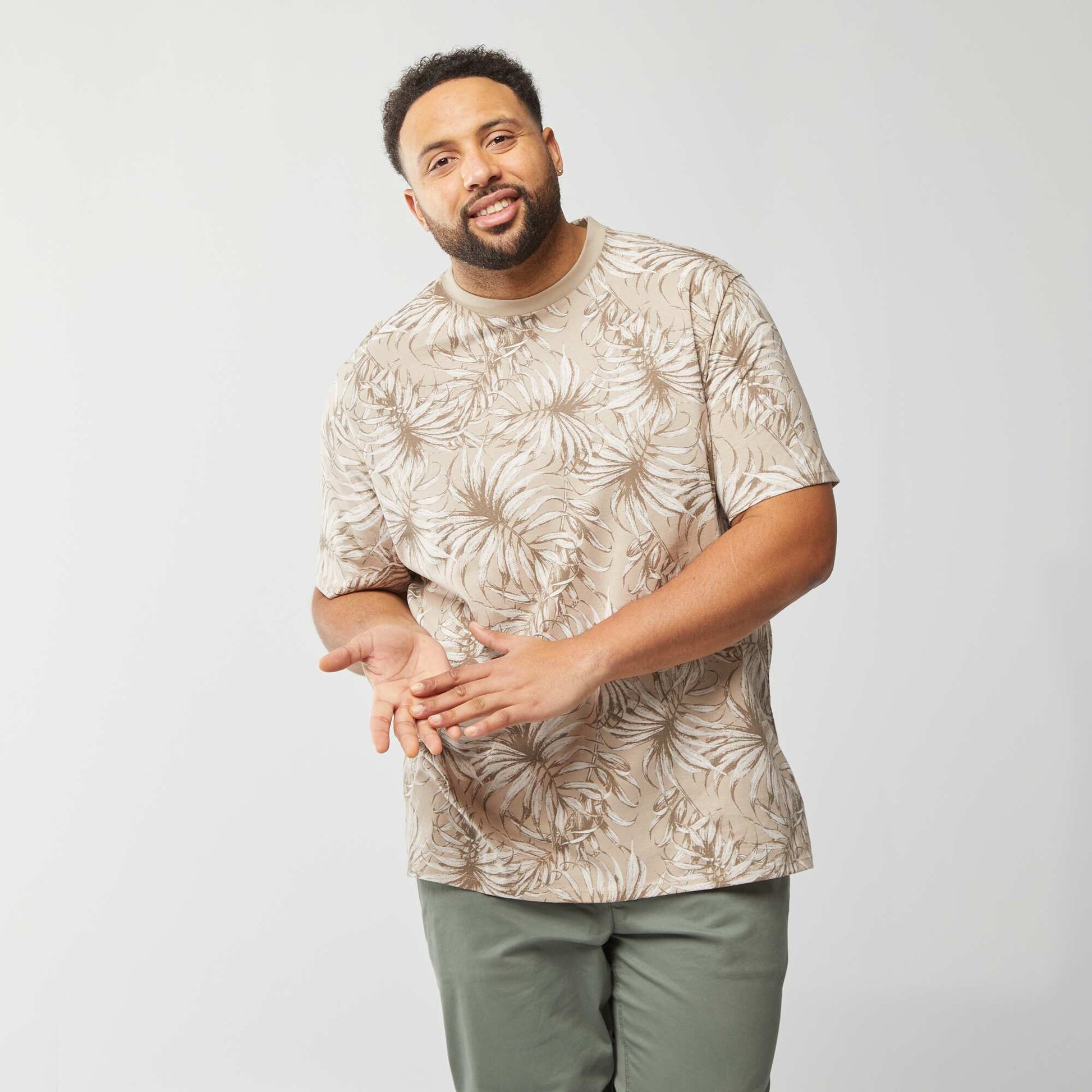 T-shirt en maille jersey imprimé avec manches courtes BEIGE