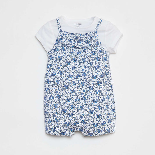 T-shirt + combishort à imprimé fleuri - 2 pièces BLANC/BLEU