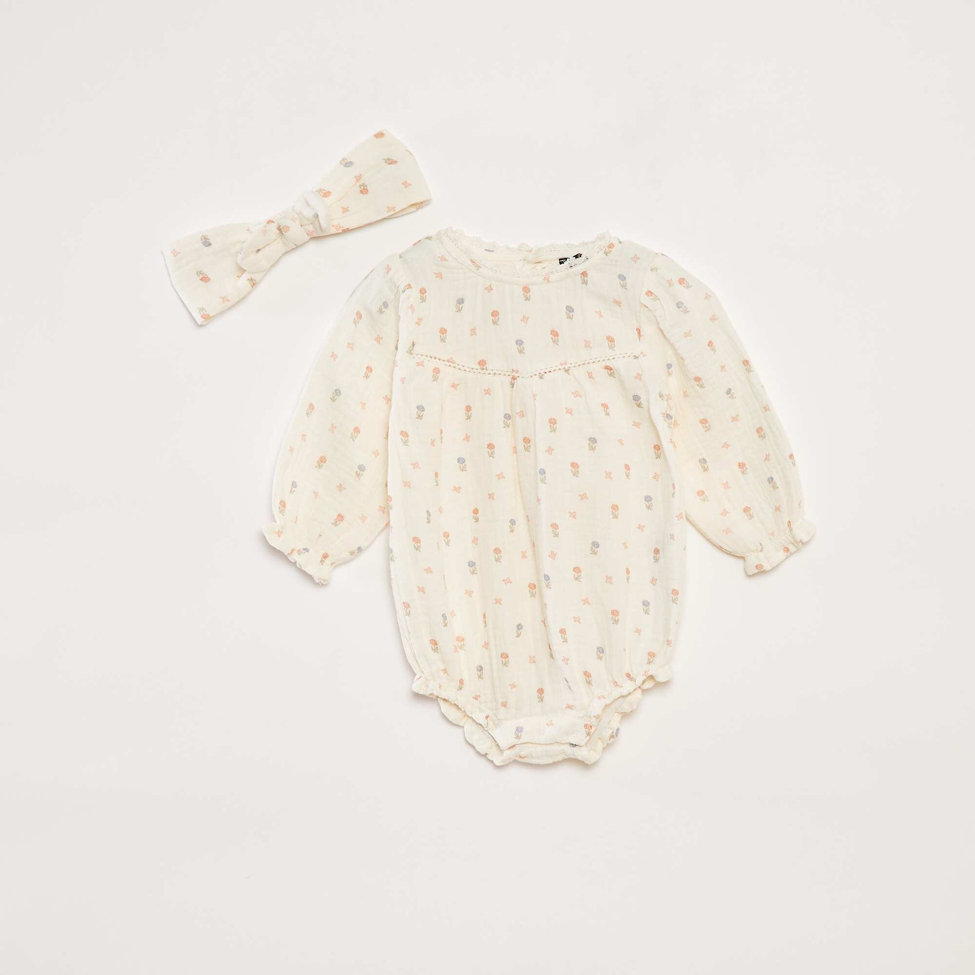 Ensemble barboteuse en gaze de coton + bandeau - 2 pièces BLANC