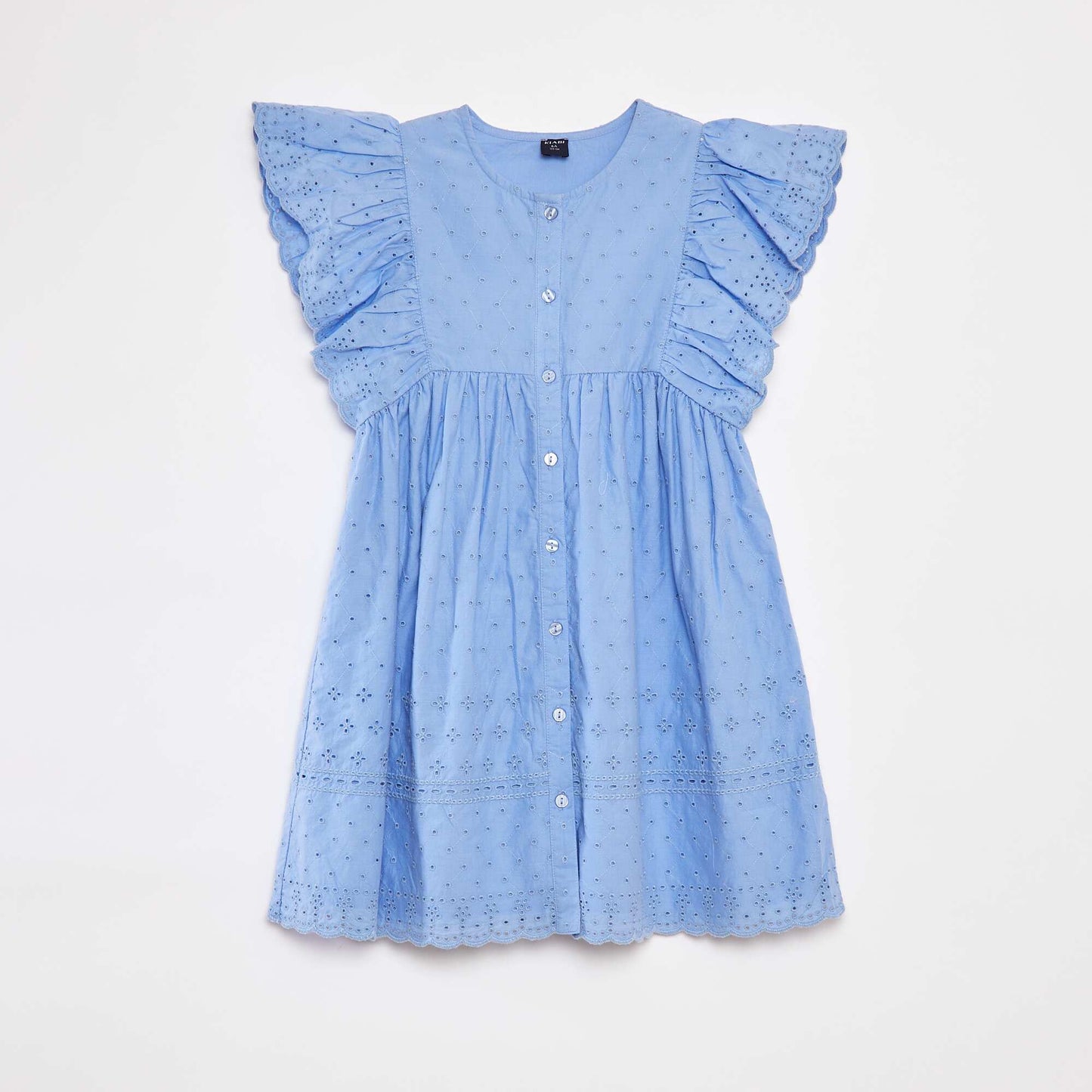 Robe avec broderies all over et volants aux emmanchures BLEU