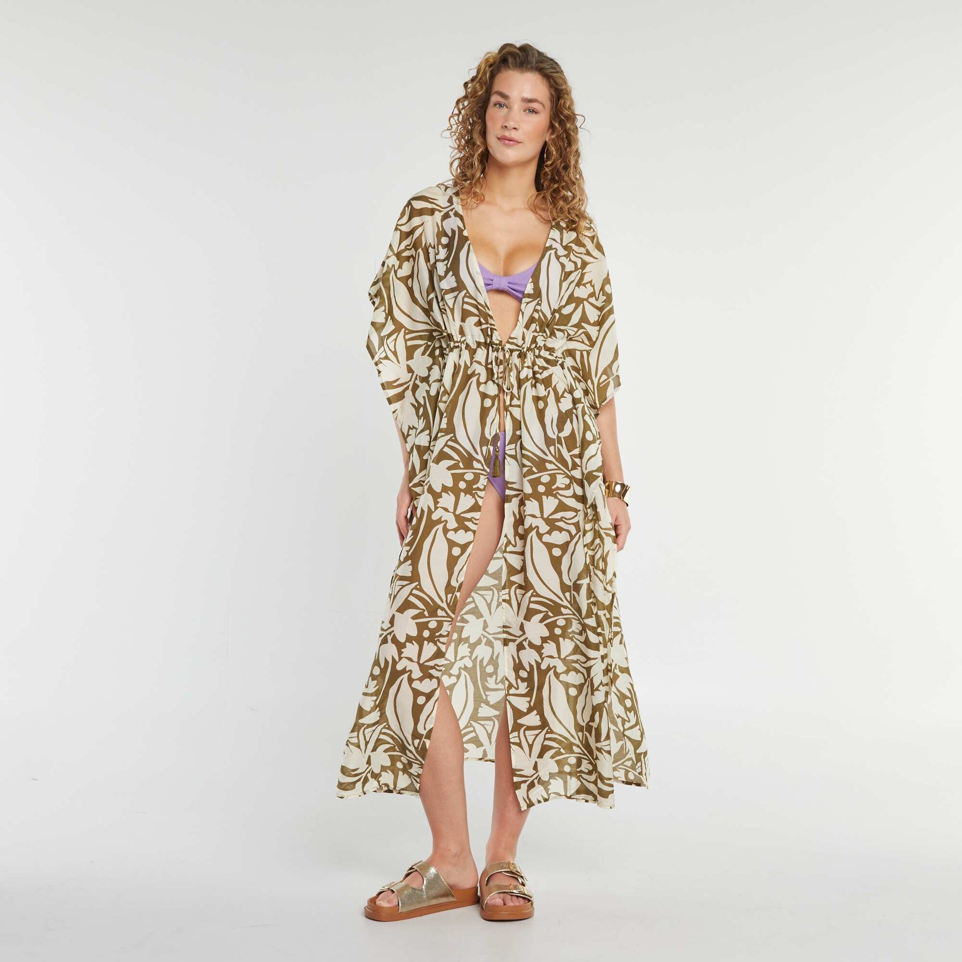 Robe de plage longue ouverte imprimée IMPRIMé FEUILLES