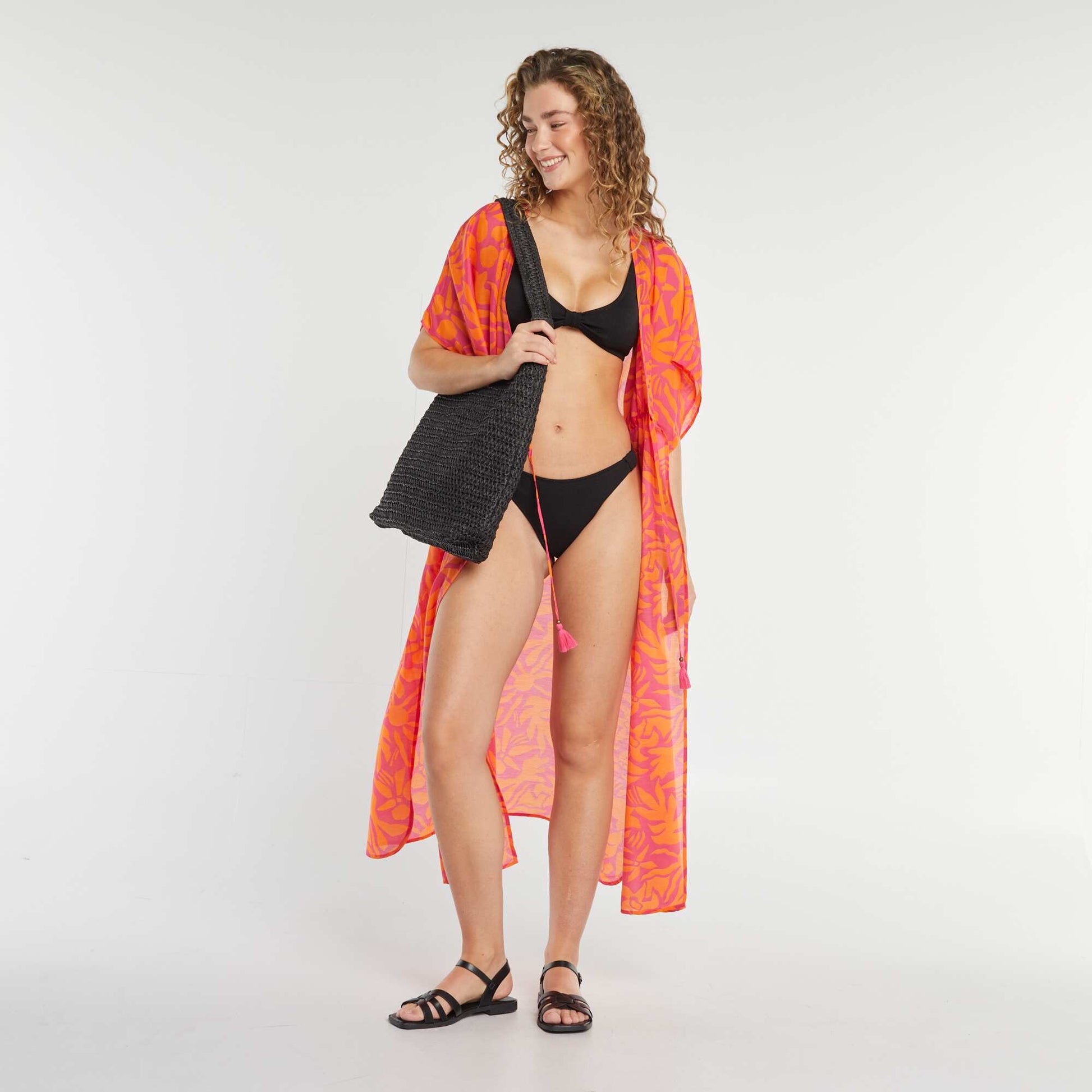 Robe de plage longue ouverte imprimée ROSE