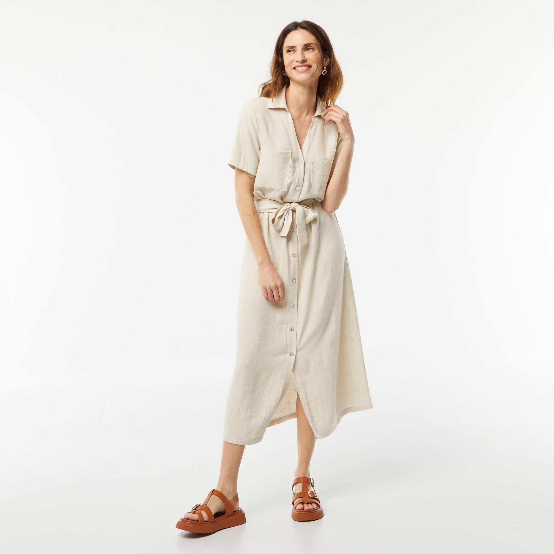 Robe longue à manches courtes en lin mélangé BLANC